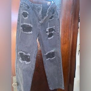black relaxed fit high rise ripped jeans